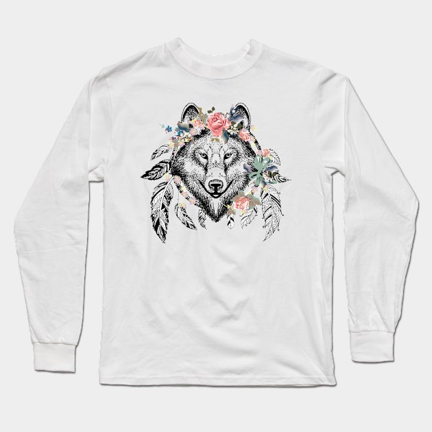 Wolf Boho T-shirt Long Sleeve T-Shirt by Manlangit Digital Studio